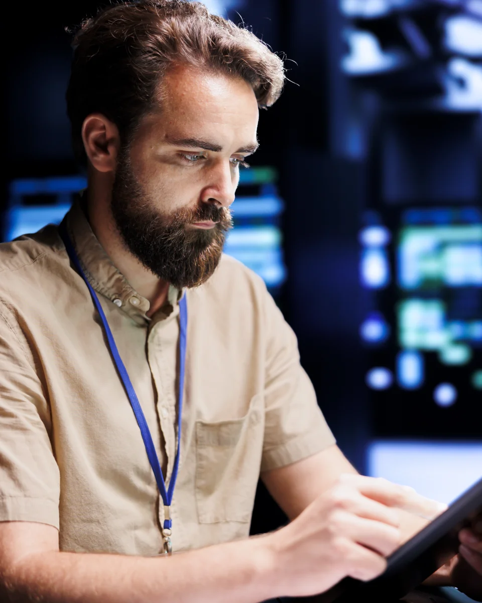 An infrastructure engineer reviewing systems on a tablet in a data center