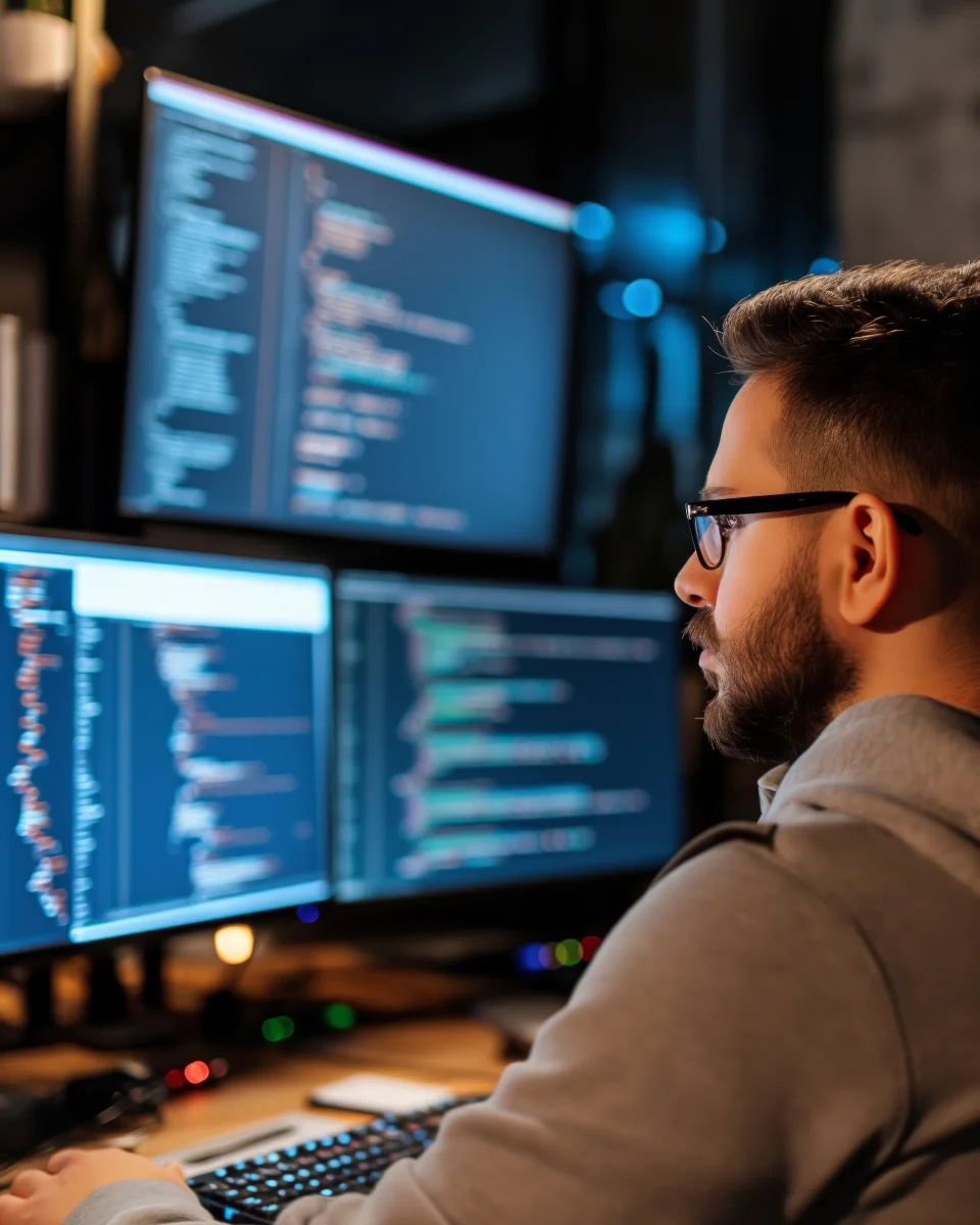 A developer writing code across several monitors