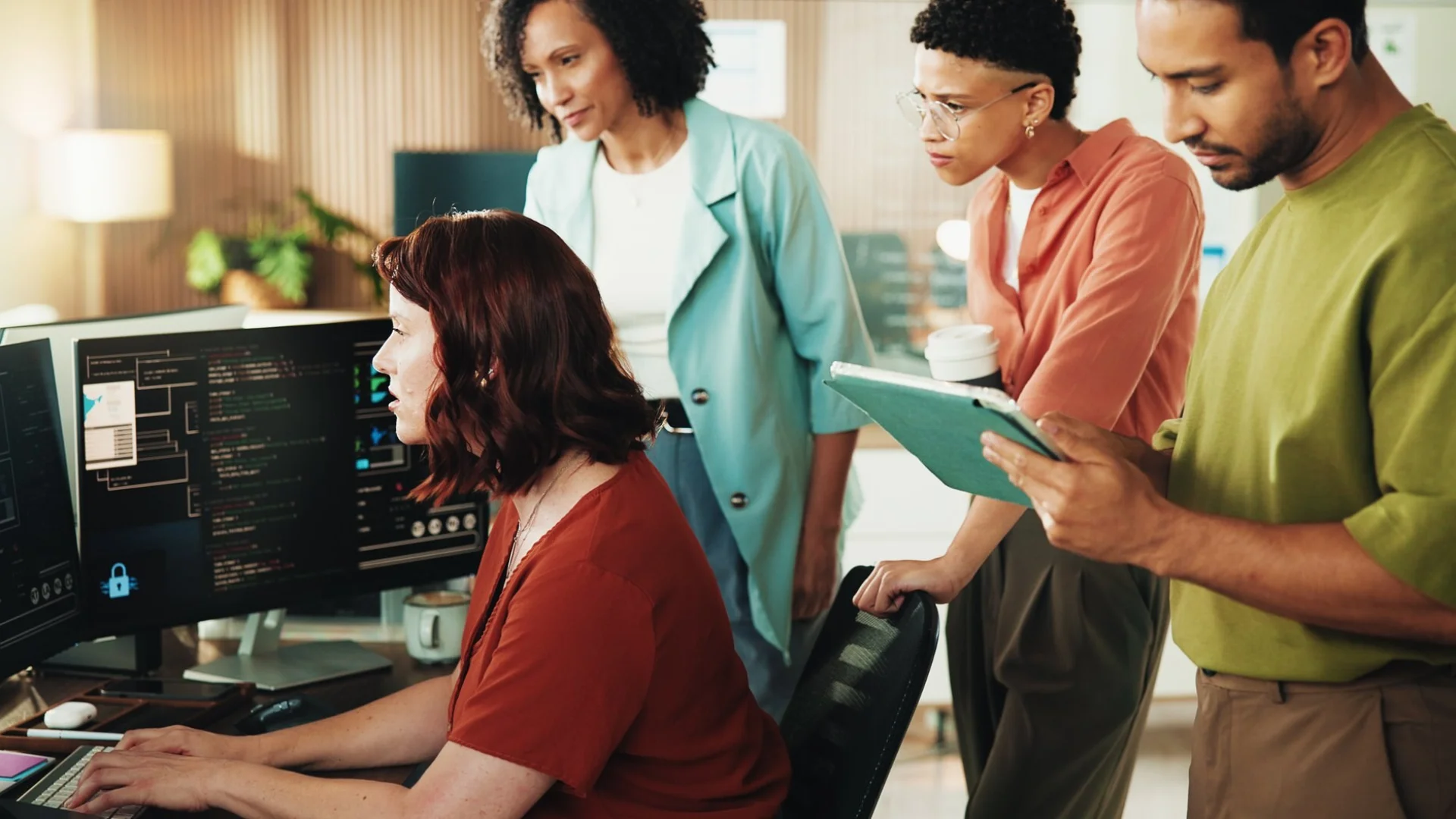 A software development team collaborating around a workstation