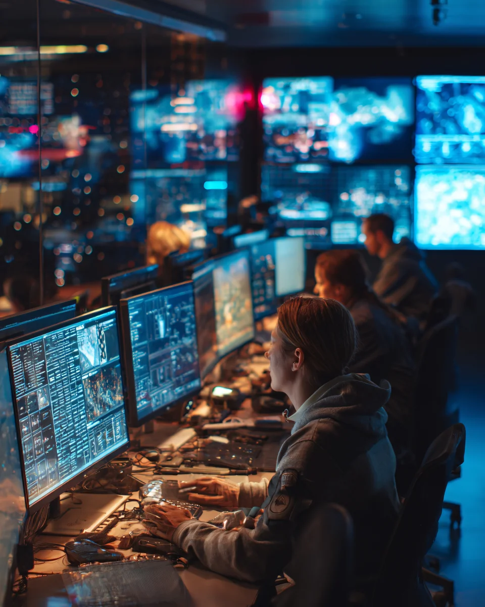 Engineers monitoring systems in an operations center